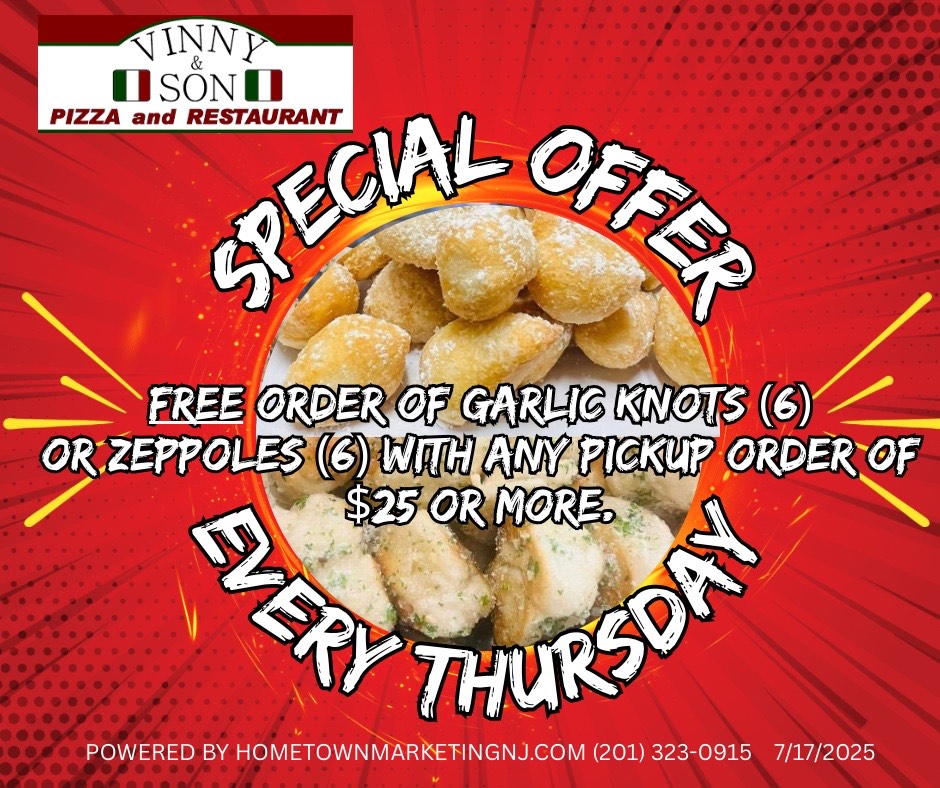 free garlic knots or zeppoles 25